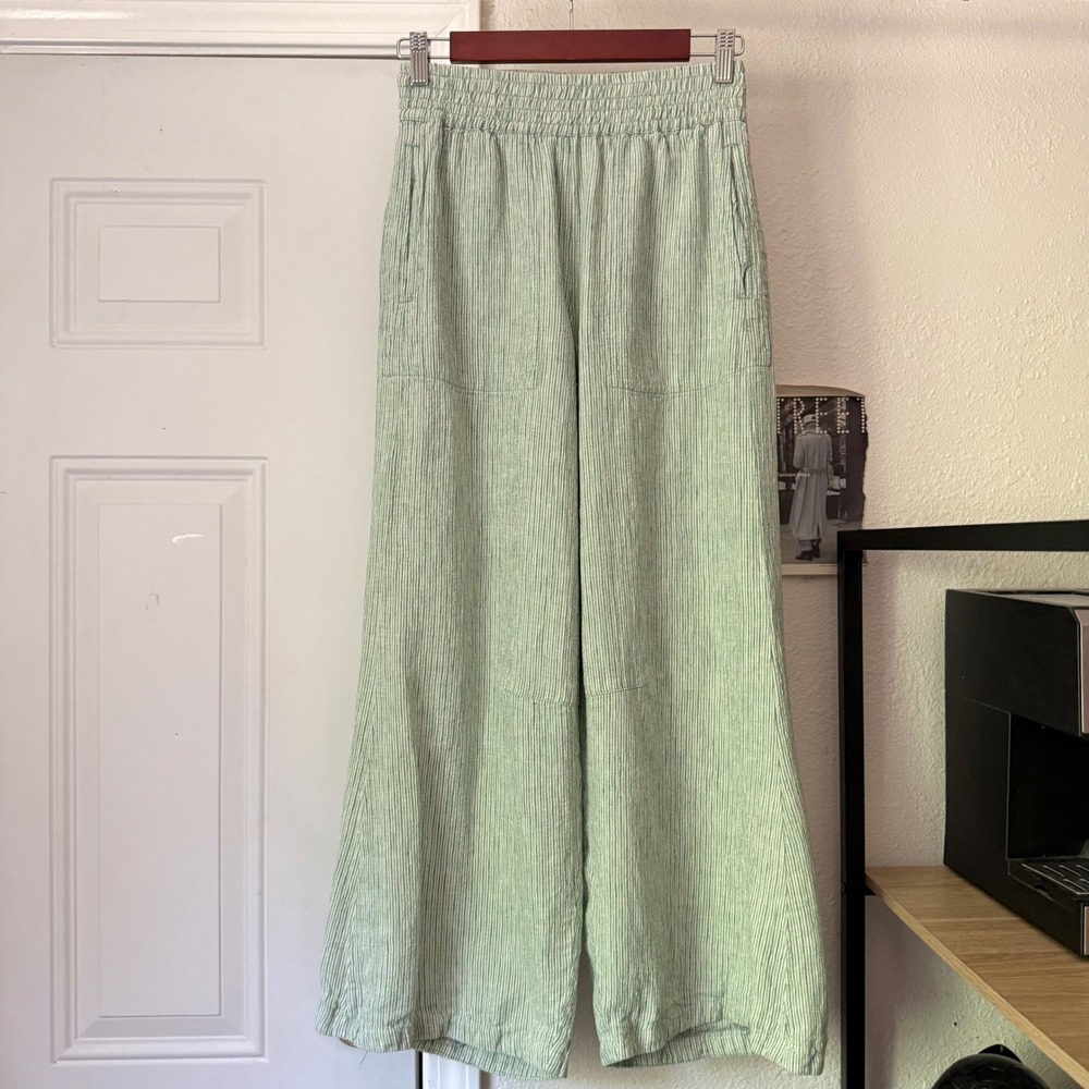 POETRY green white linen seersucker gauze striped wide leg pull on cropped pants